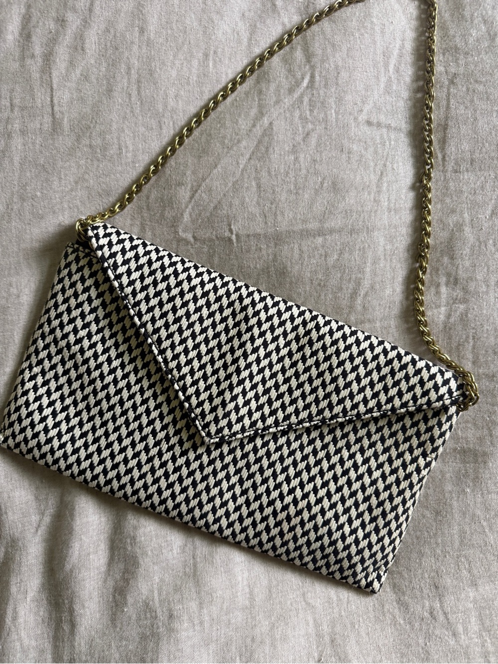 J. Crew Black & White Houndstooth Envelope Clutch with Gold Chain